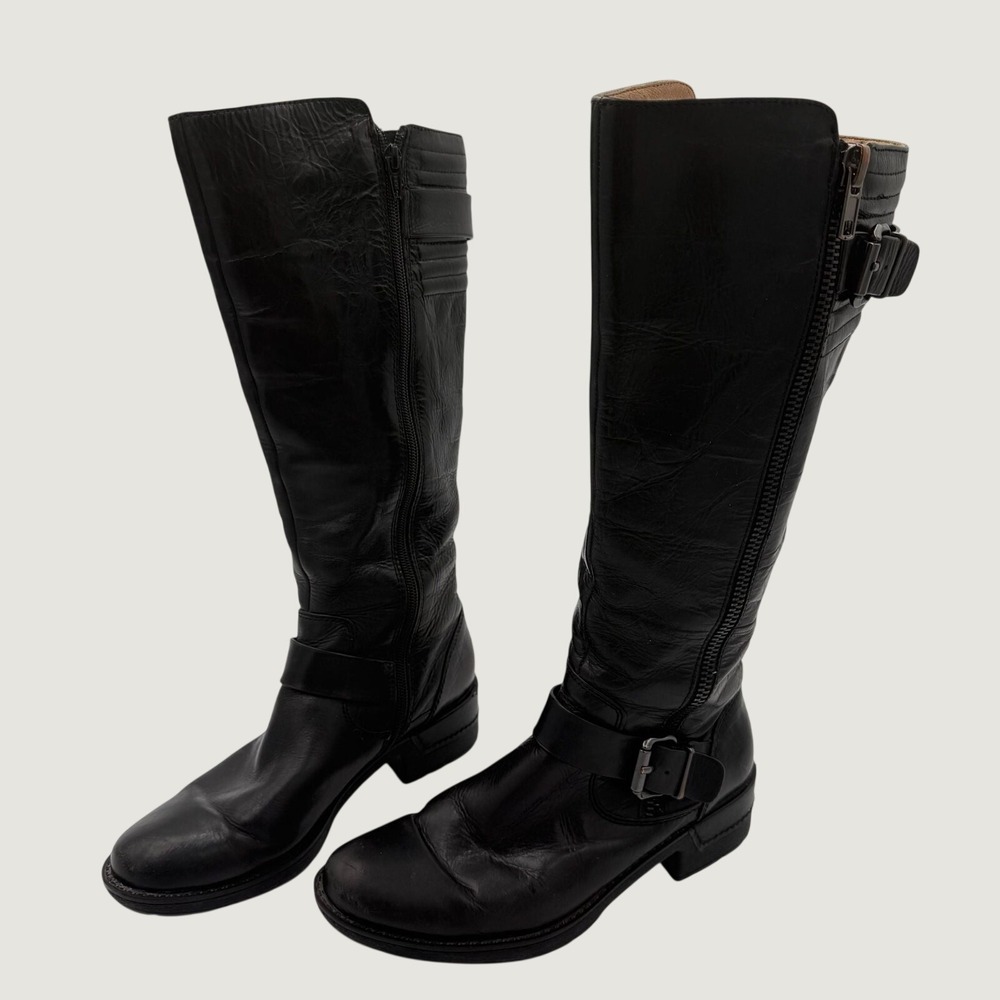Sofft Tall Moto Boots 8M Leather Buckle Strap Side Zip Black Knee High